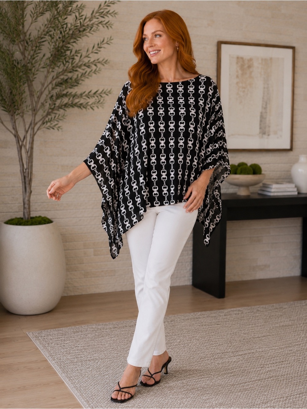 Chico's Tunic Top Boat Neck Drop Shoulder Bat wing Knit black white gray S/M